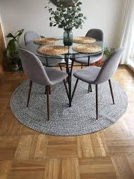 I Chose This Because Of The Use Of The Circle The Rug Table And Place Mats Are Round In 2020 Round Dining Room Apartment Dining Room Dining Room Small
