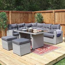 Why not check out the port royal rural table corner sofa set, which comes in a half round natural finish. 5 Piece Rattan L Shaped Sofa Dining Set Wido Garden Dining Set Rattan Garden Furniture Outdoor Furniture Sets