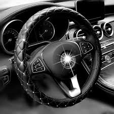 Black And White Steering Wheel Cover Steering Wheel Cover Bling Rhinestones Crystal Car Handcraft Steering Wheel Covers Soft Leather For Car Accessories For Girls Steering Wheel Cover Wheel Cover