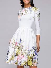 White A Line 3 4 Sleeve Floral Printed Cocktail Midi Dress Women Long Sleeve Dress Midi Cocktail Dress Embroidered Midi Dress