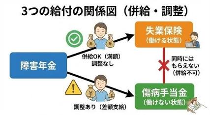 ３つの給付の関係図（併給・調整）（AI 生成）