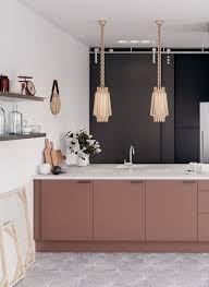 Not The Floors Wall Accessories Or Lighting But Yes To Cabinet Colour And Brass And Dark Wall Pink Cabinets Pink Kitchen Black Kitchen Decor