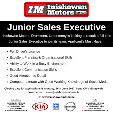 The sales executive's responsibilities include generating leads, making sales calls, continuously updating our crm database, and meeting sales targets. Job Vacancy Established Car Dealer Seeks Junior Sales Executive Donegal Daily