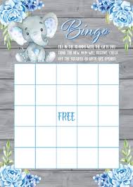 Showered from above rain boy baby shower printables planning ideas. Blue Elephant Baby Shower Bingo Game Printable Announce It