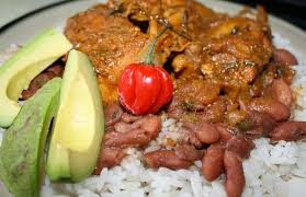 A Trinidad Lunch Of Red Beans Stew Chicken White Rice And Avocado Chicken Stew Stew Stuffed Peppers