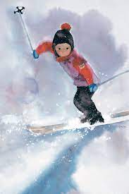 スキーをする少年 背景の雲 影がうつる いわさきちひろ 水彩画の技法 イラスト