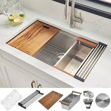 Ruvati 28 In Single Bowl Undermount 16 Gauge Stainless Steel Ledge Kitchen Sink With Sliding Accessories Rvh8309 The Home Depot In 2020 Stainless Steel Kitchen Sink Ledge Kitchen Sinks Undermount Kitchen Sinks