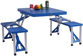 It features expanded metal thermoplastic coated seats and top with a black powder coated corrosion free under structure. Buy Gymax Portable Foldable Camping Table Set Folding Kids Picnic Table With 4 Seats Chairs Umbrella Hole For Children Patio Backyard Travel Camping Hiking Picnic Blue Online In Turkey B07kpyrvyl