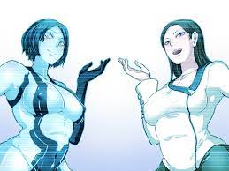 2d 2girls 343 industries areolae artificial intelligence artist  request big breasts black hair blue eyes blue hair blush bob cut bungie  clothed female nude female cortana cortana v2 erect