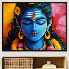 Stralende meditatieve goddelijkheid: kleurrijk Krishna-schilderij