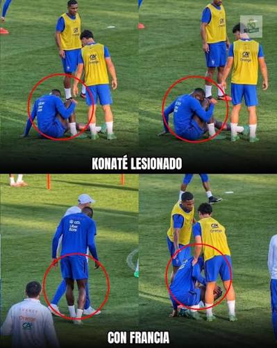 Este fue el momento exacto en el que del lesionó Ibrahima Konaté con Francia. 💔😭 Sufrió un esguince de rodilla y abandonó la concentración. #HalaMadrid #realmadrid #LaLiga #fblifestyle