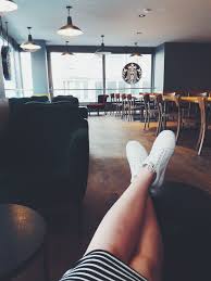 Starbucks Coffee White Vans Tumblr Black White Stripe Skirt Armchair Chair Table Window Epic White Vans White Striped Skirt Black White Stripes