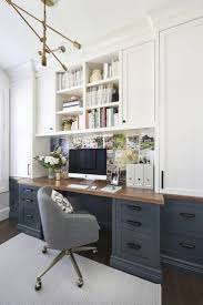Modern Farmhouse Home Office With Built Ins Built In Bookcases Iwth Blue Cabinets And White Bookshel Cozy Home Office Home Office Design Home Office Furniture