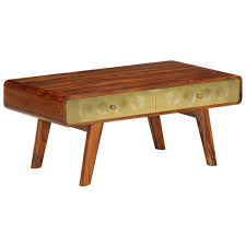 This coffee table combines both retro and modern vibes and its beautiful angular shape will look great in any minimalist room. Yorten Wooden Coffee Table Side Table Retro Style With 2 Drawer For Home Living Room Or Office Solid Sheesham Wood With Golden Print 90x50x40 Cm Buy Online In Qatar At Qatar Desertcart Com Productid
