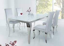 Salle à manger complète contemporaine couleur bois table : Table A Manger Baroque Verre Opale Blanc Et Pied En Acier Poli 1m80 Cbc Meubles