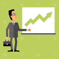 Joyful Business Man Look At A Chart Or Graph Rising Arrow Representing