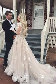 A Line Appliques Champagne Bridal Gown With Sheer Long Sleeves Vestido De Novia Champagne Wedding Dress Lace Tulle Wedding Dress Ball Gowns Wedding
