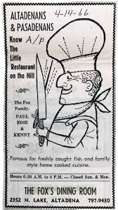 Early Menu From Historic The Fox Restaurant In Altadena Restaurant Lake Historical