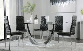 Browse a variety of shapes and types of glass dining room tables at glass tops direct. Peake Glass And Chrome Dining Table White Gloss Base With 4 Renzo Black Leather Chairs Furniture And Choice