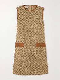 GUCCI Leather-trimmed cotton-blend canvas-jacquard mini dress | NET-A-PORTER