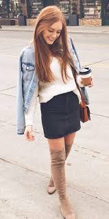 Winter Outfits White Long Sleeved Shirt Black Denim Skirt And Beige Thigh High Boots O Denim Skirt Outfit Winter Winter Skirt Outfit Denim Skirt Outfit Fall