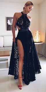 Elegant Black Lace Prom Dresses With Backless Fashion Formal Split Evening Party Gowns Lace Evening Dresses Black Lace Prom Dress Floor Length Prom Dresses