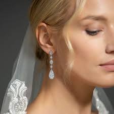 Silver Crystal Long Drop Bridal Earrings