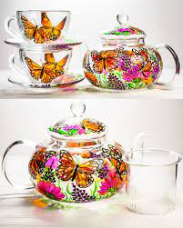 Personalized Women Gift Tea Set Hand Painted Teapot With 2 Cups And Saucers Custom Gift For Grandma Painted Teapot Gift Tea Tea Pots