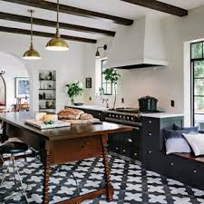 black and white tile floor kitchen
