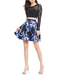Sequin Hearts Long Sleeve Lace Top With Floral Skirt Two Piece Dress