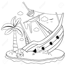This heatwave has us dreaming of being shipwrecked on a deserted island with a lone coconut tree and an ipod. Shipwreck On An Island Black And White Coloring Book Page Royalty Free Cliparts Vectors And Stock Illustration Image 101209694