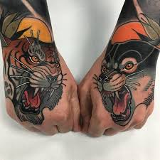 Tiger And Wolf Head Neo Traditional Tattoos On Both Hands Hand Tattoos For Guys Neo Traditional Tattoo Hand Tattoos