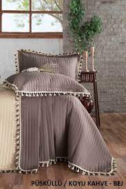 evim home puskullu yatak ortusu seti koyu kahve bej alkapida com