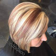 Block Color Blonde Bob With Red Lowlights High Contrast Hair Blonde Hair Red Lowlights Hair Color Highlights Medium Hair Styles