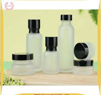 Matte Frosted Glass Cosmetic Facial Cream Bottle and Jar Set with Black Lid