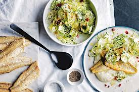 Whiting With Sprout Salad And Cauliflower Puree Recipe Cauliflower Puree Pureed Food Recipes Sprouts Salad
