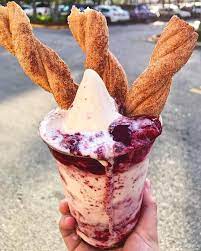 Costco Creations Berry Soft Serve Sundae Topped With Huge Churros Sunday Funday Food Food Photography Soft Serve