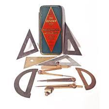 Vintage Mathematical Geometry Set Enamel Pocket Tin Case Engineering Compass Ruler Protractor Triangle Technical Drawing Instrument Tools Drawing Instruments Compass Drawing Set Square Ruler