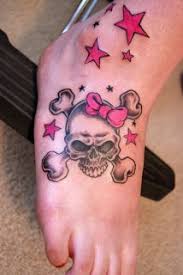 The skull and crossbones symbol is typically seen on things and places. Cute Skull Tattoo On Foot Girly Skull Tattoos Feminine Skull Tattoos Skull Tattoo