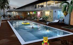 The square pendant lights that hang from the ceiling are interesting features of the area. Modern Swimming Pool Design Plan