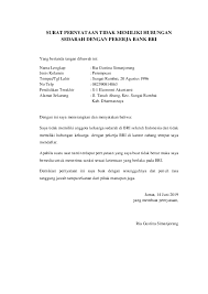Ada yang pernyataan diri sendiri, orang tua, desa, pembimbing, dan lainnya. Doc Surat Pernyataan Tidak Memiliki Hubungan Sedarah Dengan Pekerja Bank Bri Gustina Ria Academia Edu