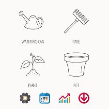 Sprout Plant Watering Can And Pot Icons Rake Linear Sign Calendar