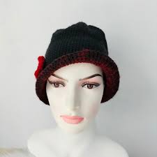 Crochet Flapper Beanie, Black and Red Hat, Women Alpaca Winter Beanie, Red  Flower Girl Hats