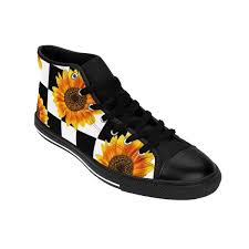 Black And White Checkered Vans With Sunflowers Sunflower Shoes Black White Checkered Converse Style Sun Flowers Women S High Top Sneakers Womens High Top Sneakers High Top Sneakers Fashion Sneakers Fashion