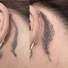 Coverup Tattoo By Dan Dan Tattooer From South Korea Seoul In 2020 Feather Tattoo Ear Feather Tattoo Behind Ear Tattoos