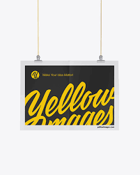 Textured Horizontal Paper Poster Mockup In Indoor Advertising Mockups On Yellow Images Object Mockups