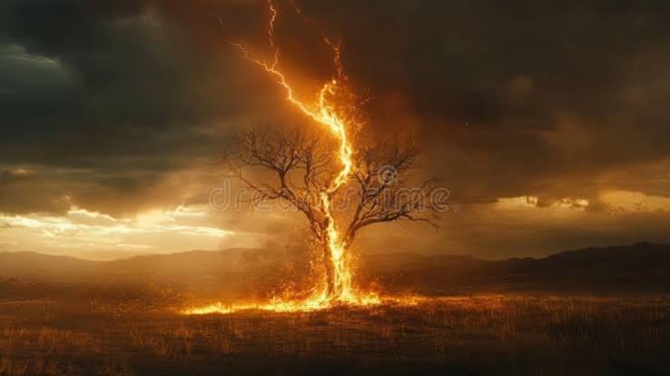 Lightning Strike Burns a Lone Tree in Dry Grassland.. Stock Image - Image of ecology, nature: 385163933