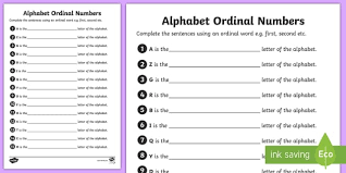 I j k l m n o. Alphabet Ordinal Numbers Worksheet