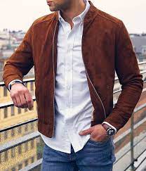 Grandfrank Tobacco Suede Jacket White Button Up Shirt With Button Collars Denim Brown Leather Ban Ropa Casual De Hombre Moda Casual Hombre Ropa De Moda Hombre