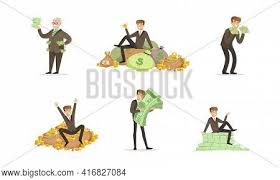 Lucky businessman with briefcase holding a dollar bill monochrome character on yellow background. Happy Rich People Set Vector Photo Free Trial Bigstock